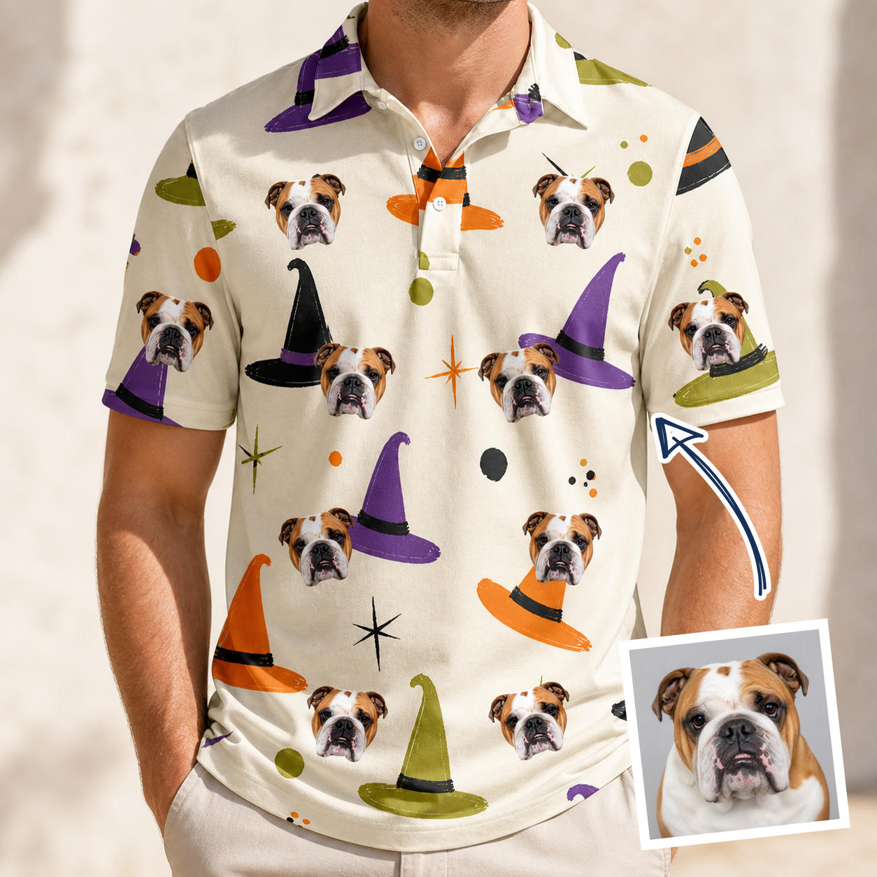 Man wearing Men's Hexed Headwear Custom Dog Face Polo Shirt — custom faces printed all-over