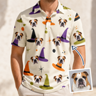 Man wearing Men's Hexed Headwear Custom Dog Face Polo Shirt — custom faces printed all-over
