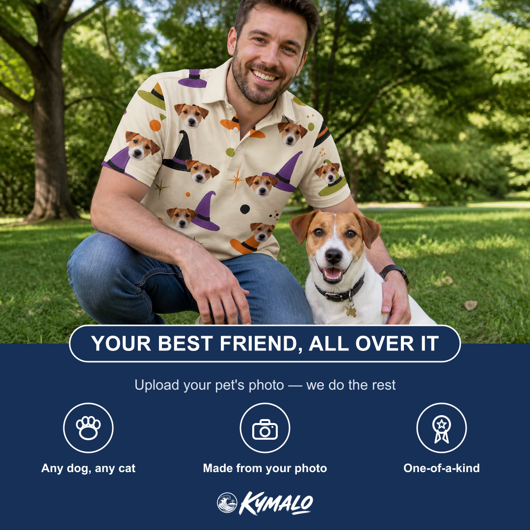 Friends in matching Men's Hexed Headwear Custom Dog Face Polo Shirt — a group gift photo