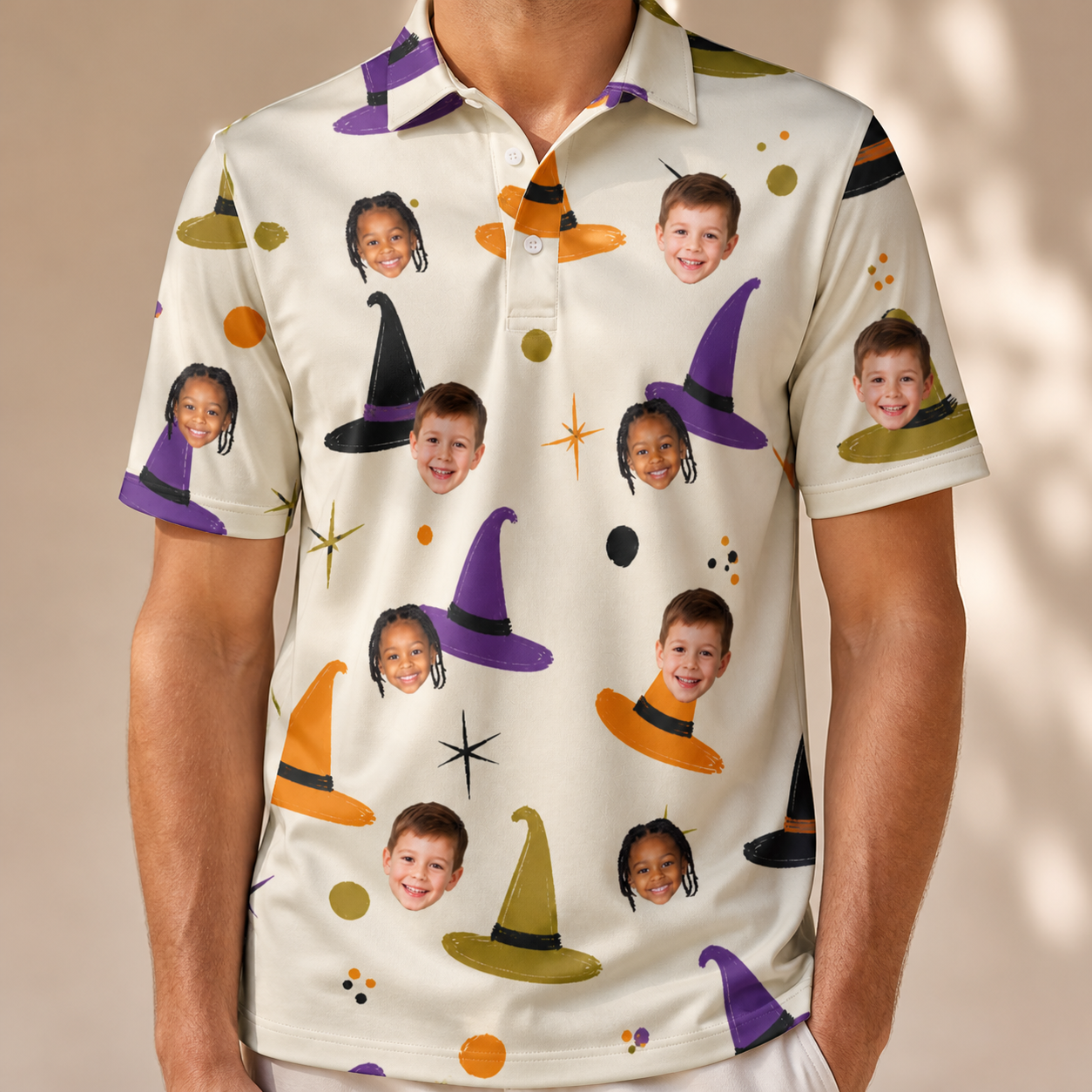 Model wearing Men's Hexed Headwear Custom Face Polo Shirt printed with kids' faces