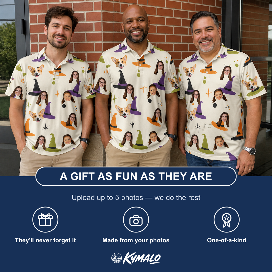 Friends in matching Men's Hexed Headwear Custom Face Polo Shirt — a group gift photo