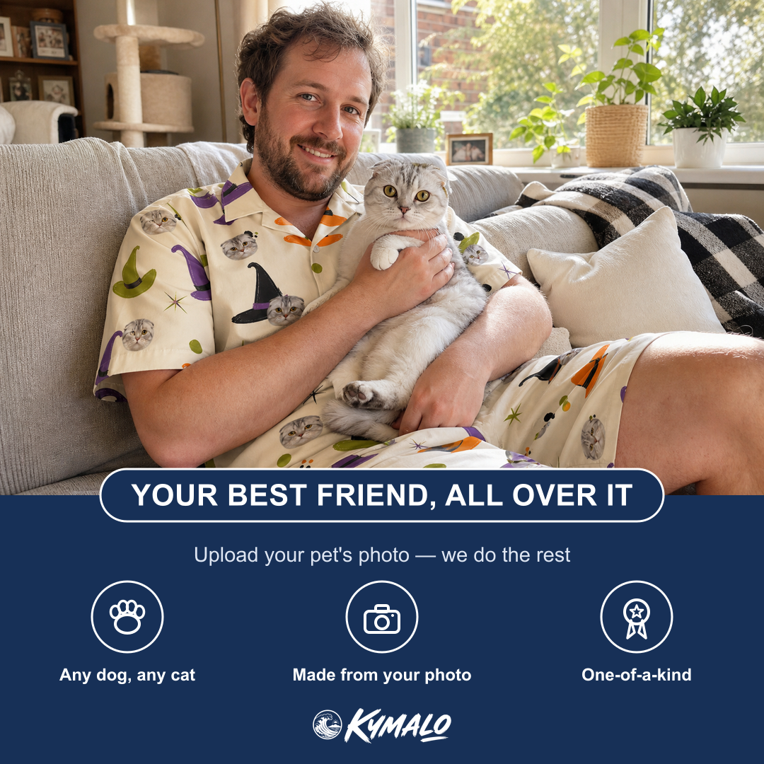 Friends in matching Men's Hexed Headwear Custom Cat Face Shirt & Shorts Set — a group gift photo