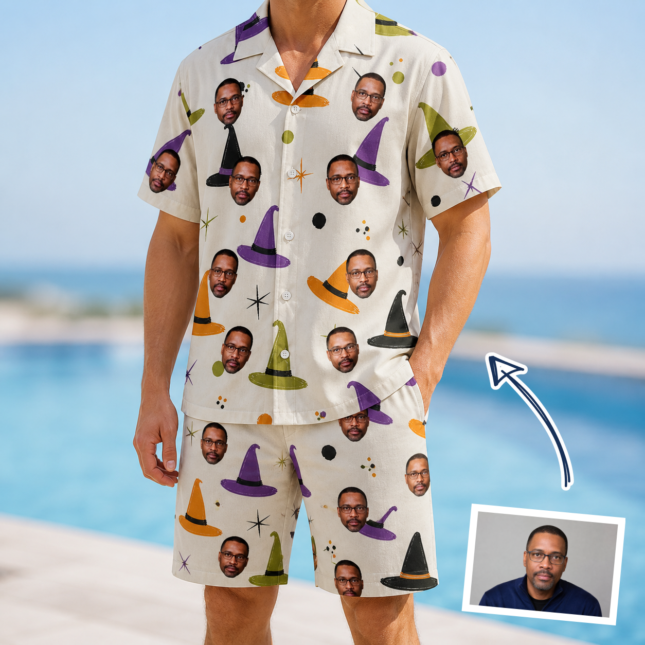Man wearing Men's Hexed Headwear Custom Face Shirt & Shorts Set — custom faces printed all-over