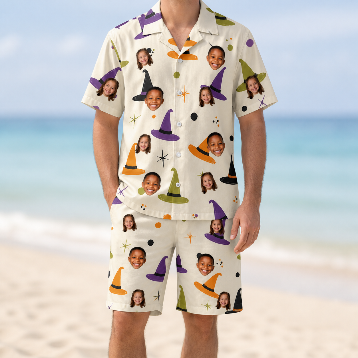 Model wearing Men's Hexed Headwear Custom Face Shirt & Shorts Set printed with kids' faces