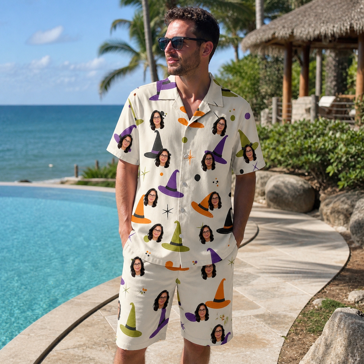 Real-life photo of someone wearing Men's Hexed Headwear Custom Face Shirt & Shorts Set — custom faces printed all-over
