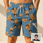 Man wearing Men's Cinnamon Capers Custom Face Beach Shorts — custom faces printed all-over