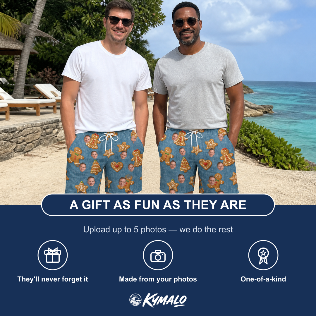 Friends in matching Men's Cinnamon Capers Custom Face Beach Shorts — a group gift photo