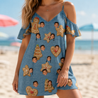 Model wearing Women's Cinnamon Capers Custom Face Off-Shoulder Dress printed with kids' faces