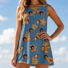 Model wearing Women's Cinnamon Capers Custom Face Tank Dress printed with kids' faces