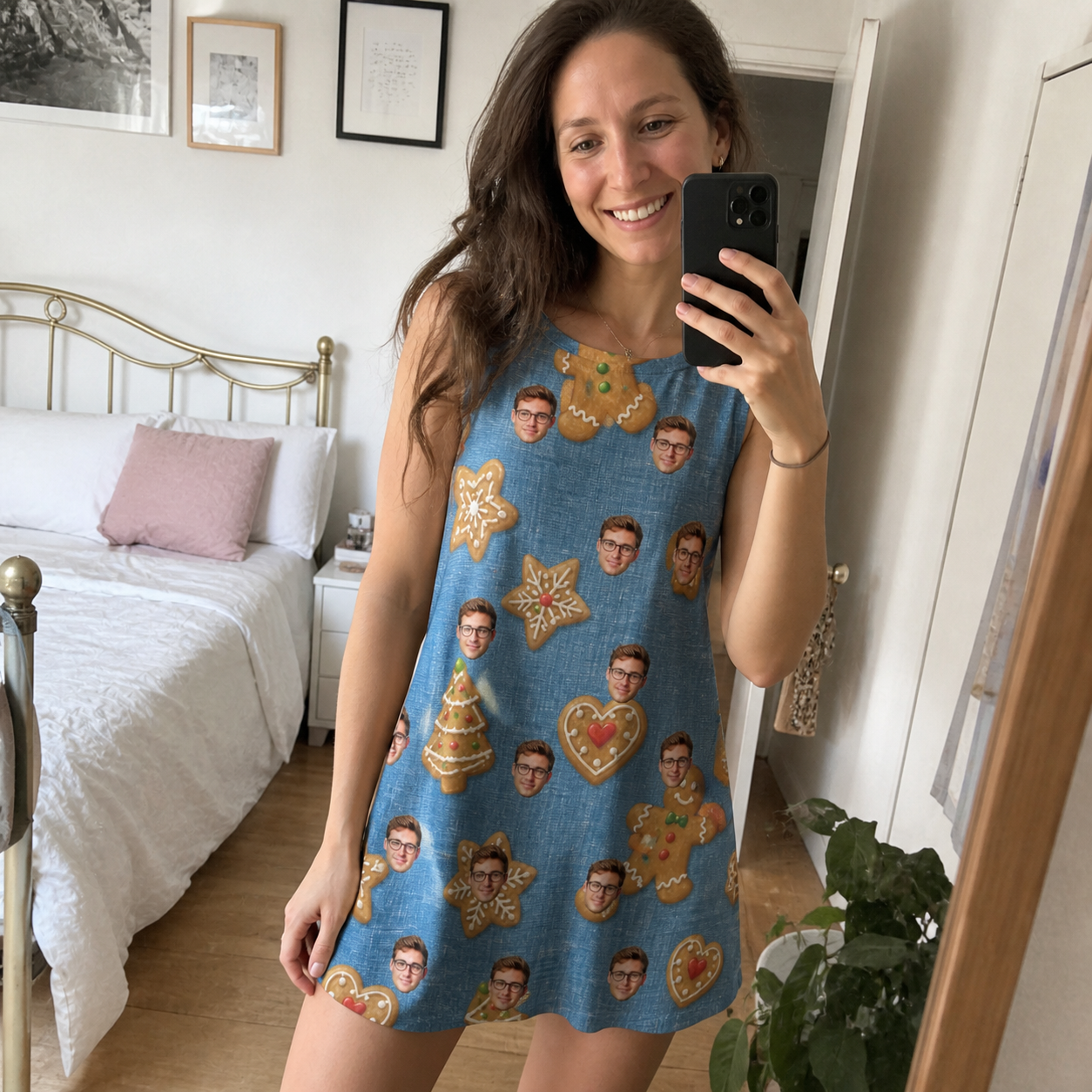 Real-life photo of someone wearing Women's Cinnamon Capers Custom Face Tank Dress — custom faces printed all-over