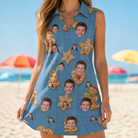 Model wearing Women's Cinnamon Capers Custom Face V-Neck Dress printed with kids' faces