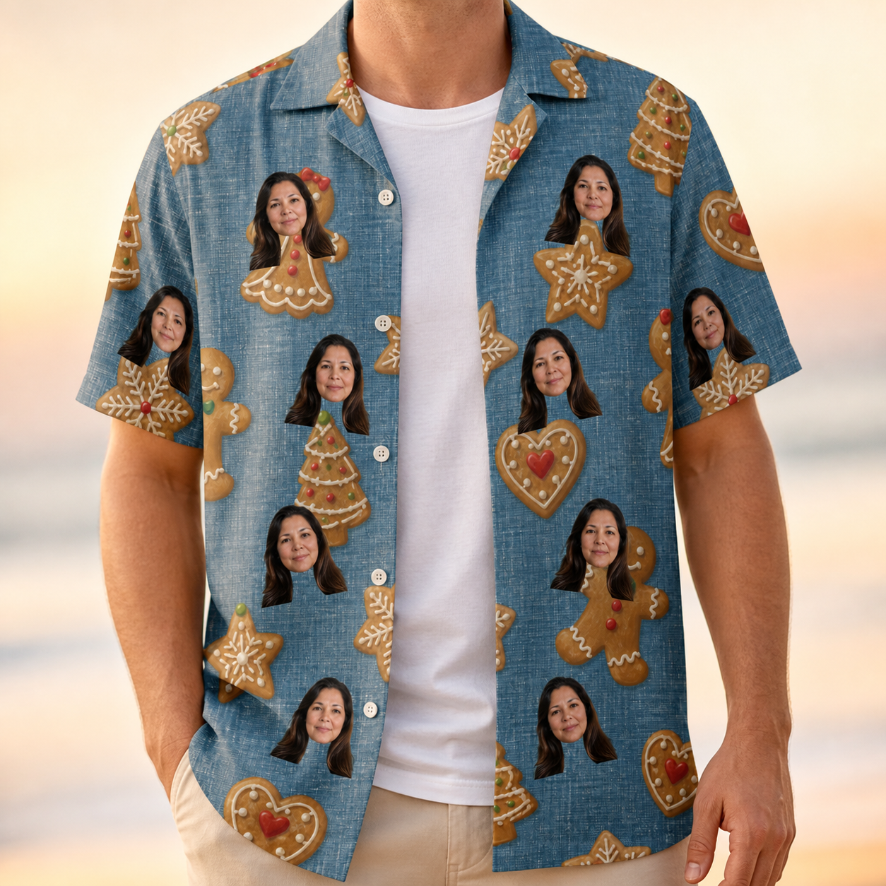 Man wearing Men's Cinnamon Capers Custom Face Hawaiian Shirt open over a white tee