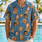 Model wearing Men's Cinnamon Capers Custom Face Hawaiian Shirt printed with kids' faces