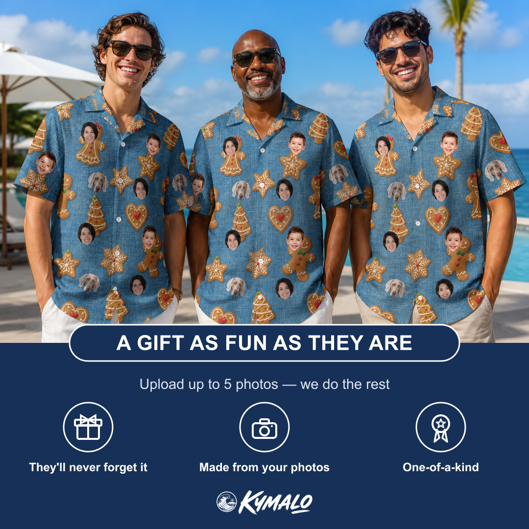 Friends in matching Men's Cinnamon Capers Custom Face Hawaiian Shirt — a group gift photo