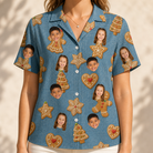 Model wearing Women's Cinnamon Capers Custom Face Hawaiian Shirt printed with kids' faces