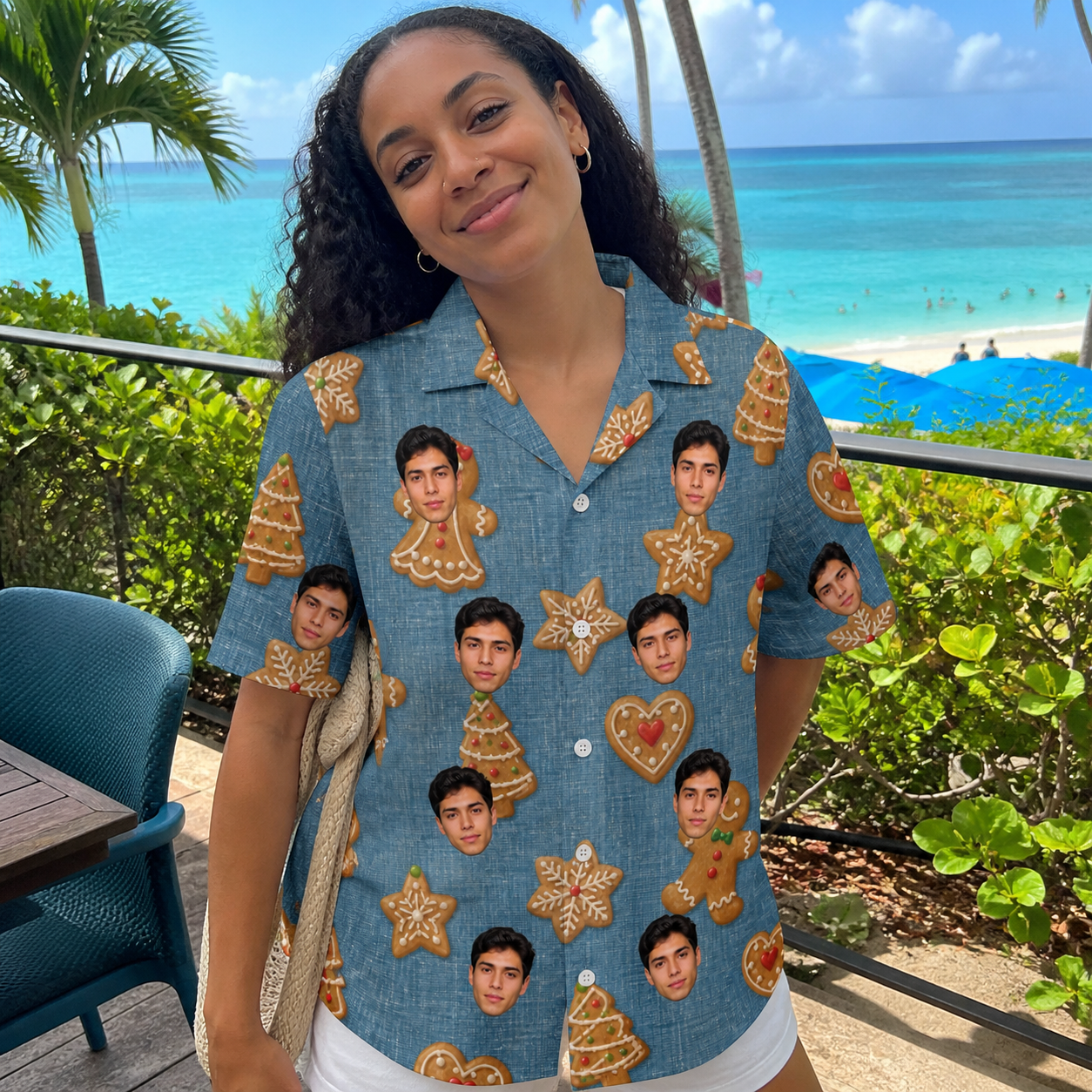Real-life photo of someone wearing Women's Cinnamon Capers Custom Face Hawaiian Shirt — custom faces printed all-over