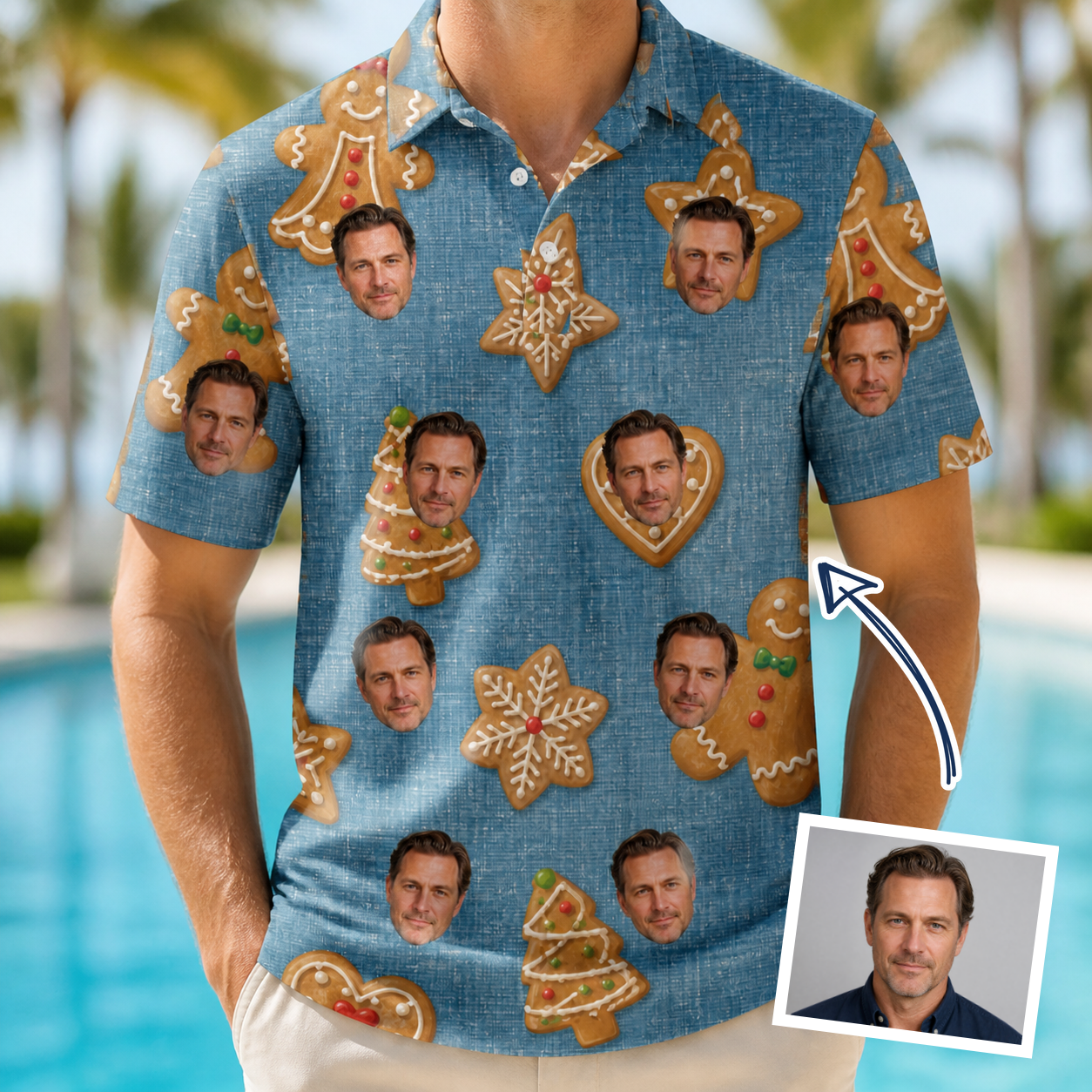 Man wearing Men's Cinnamon Capers Custom Face Polo Shirt — custom faces printed all-over