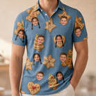 Model wearing Men's Cinnamon Capers Custom Face Polo Shirt printed with kids' faces