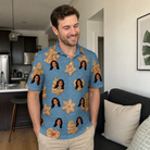 Real-life photo of someone wearing Men's Cinnamon Capers Custom Face Polo Shirt — custom faces printed all-over