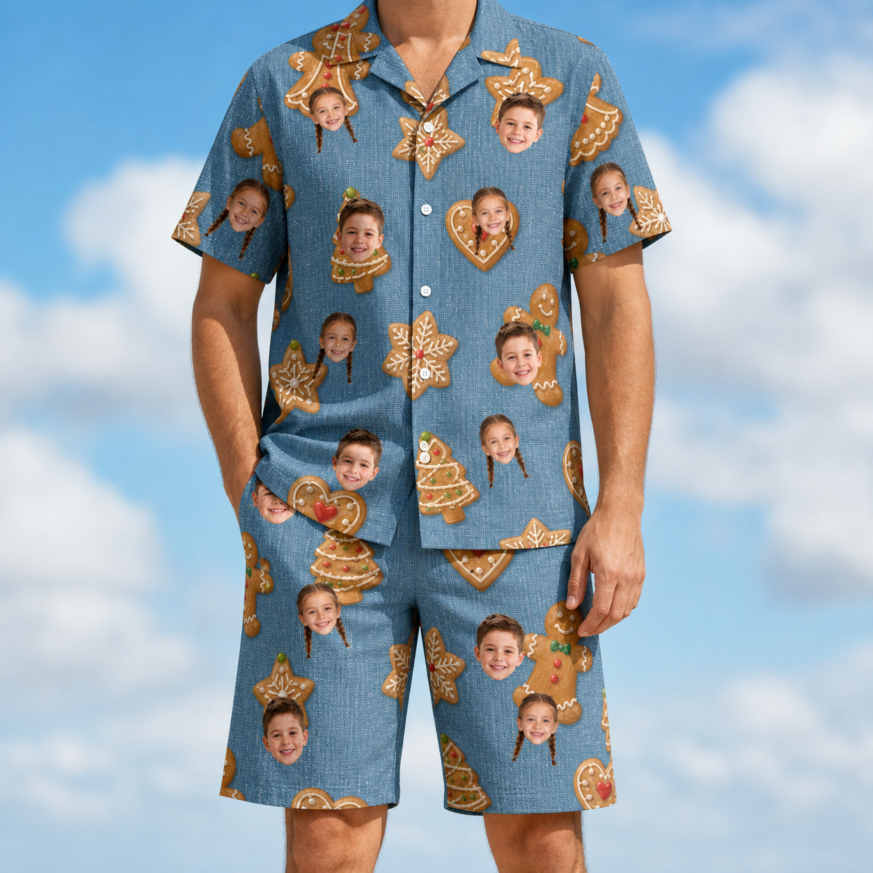 Model wearing Men's Cinnamon Capers Custom Face Shirt & Shorts Set printed with kids' faces