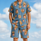 Model wearing Men's Cinnamon Capers Custom Face Shirt & Shorts Set printed with kids' faces
