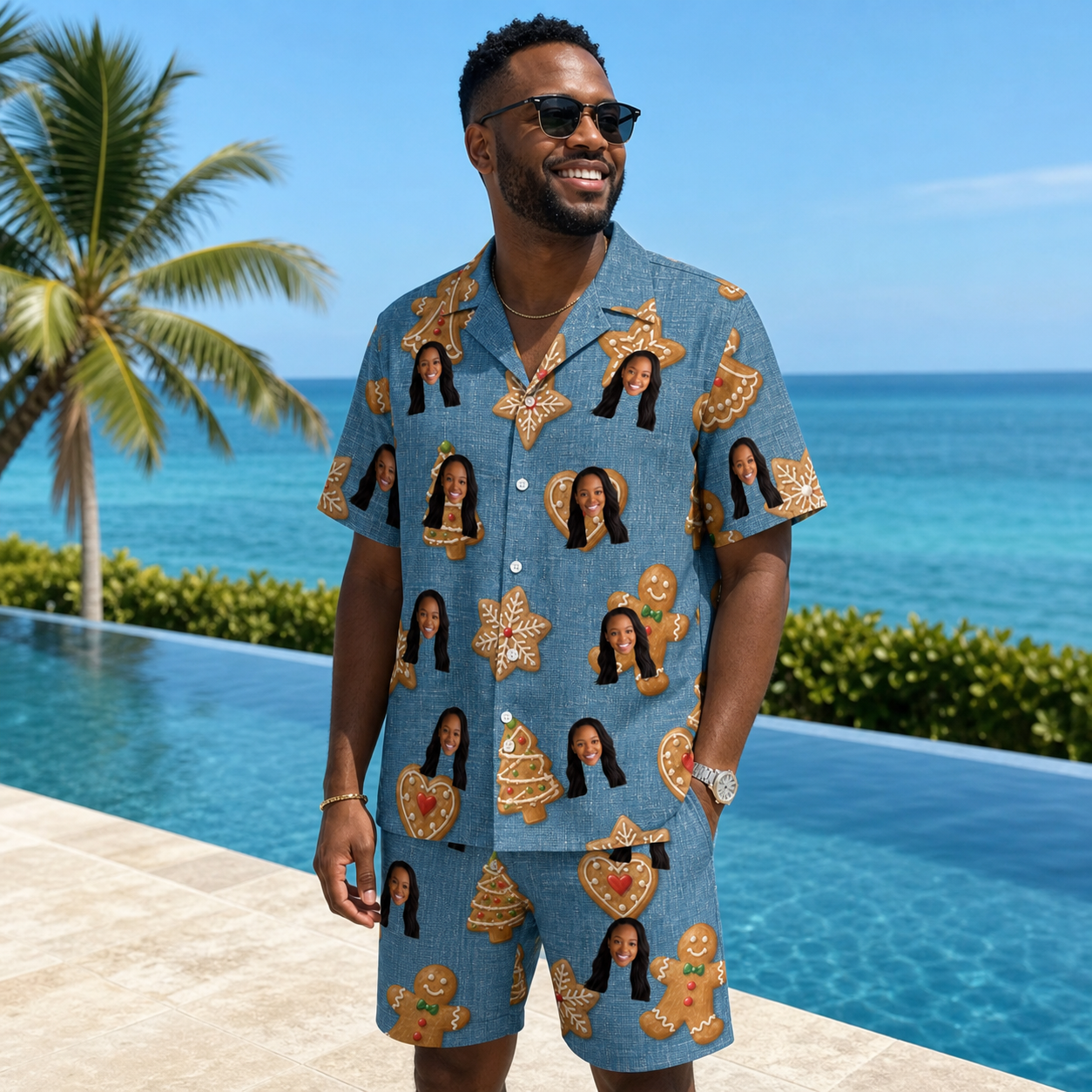 Real-life photo of someone wearing Men's Cinnamon Capers Custom Face Shirt & Shorts Set — custom faces printed all-over