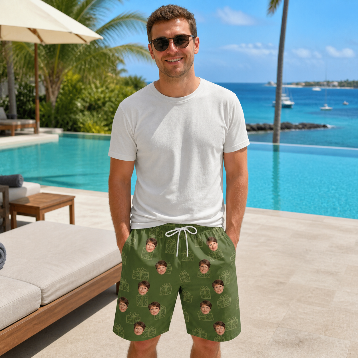 Real-life photo of someone wearing Men's Parcel Pizzazz Custom Face Beach Shorts — custom faces printed all-over