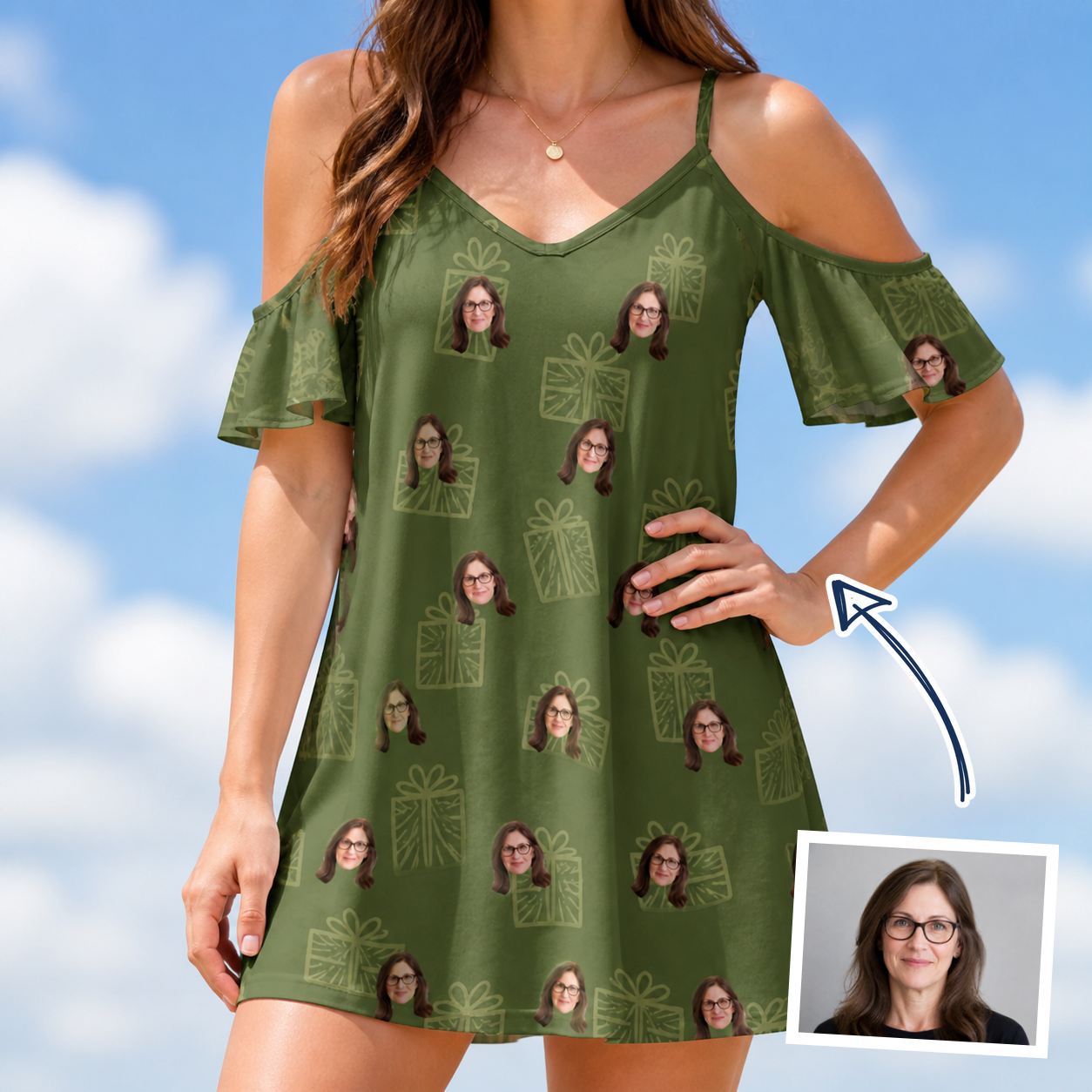 Woman wearing Women's Parcel Pizzazz Custom Face Off-Shoulder Dress — custom faces printed all-over