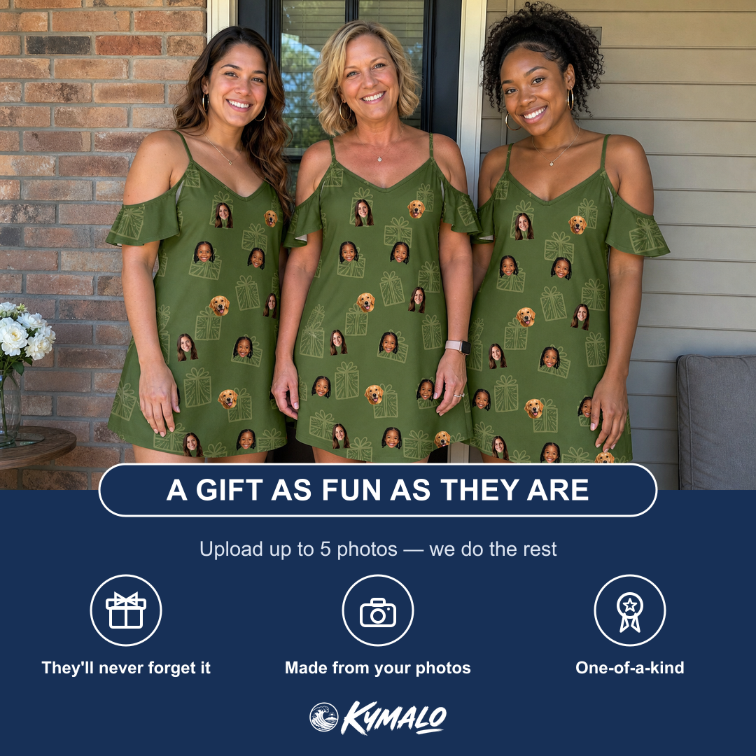 Friends in matching Women's Parcel Pizzazz Custom Face Off-Shoulder Dress — a group gift photo