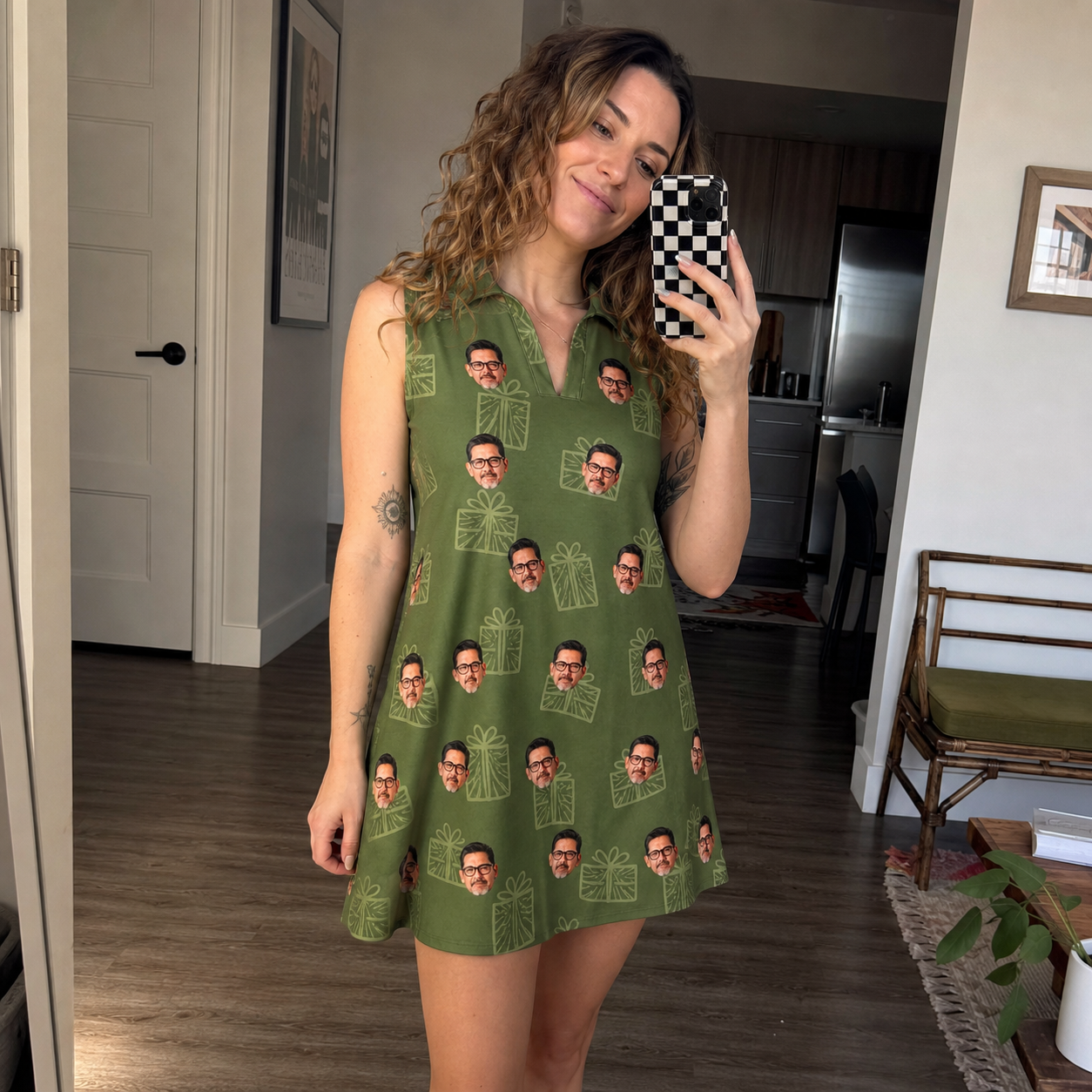 Real-life photo of someone wearing Women's Parcel Pizzazz Custom Face V-Neck Dress — custom faces printed all-over