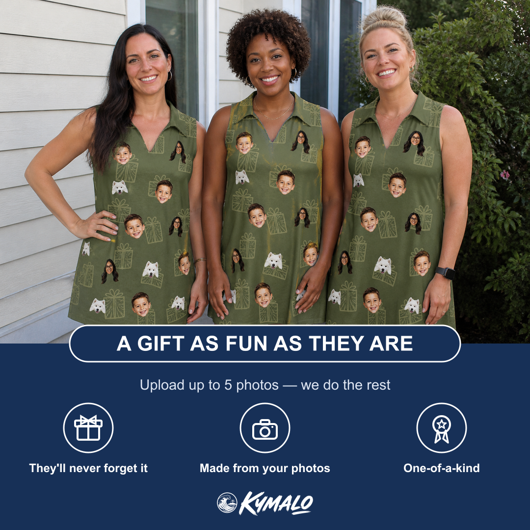 Friends in matching Women's Parcel Pizzazz Custom Face V-Neck Dress — a group gift photo