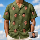 Man wearing Men's Parcel Pizzazz Custom Face Hawaiian Shirt — custom faces printed all-over