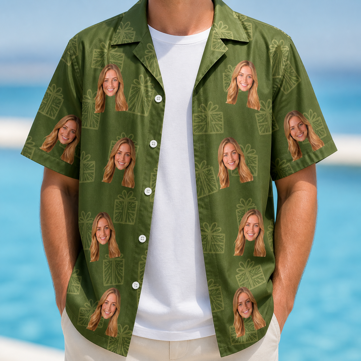 Man wearing Men's Parcel Pizzazz Custom Face Hawaiian Shirt open over a white tee