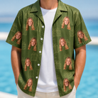 Man wearing Men's Parcel Pizzazz Custom Face Hawaiian Shirt open over a white tee