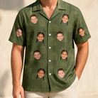 Model wearing Men's Parcel Pizzazz Custom Face Hawaiian Shirt printed with kids' faces