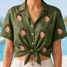 Woman wearing Women's Parcel Pizzazz Custom Face Hawaiian Shirt tied at the waist