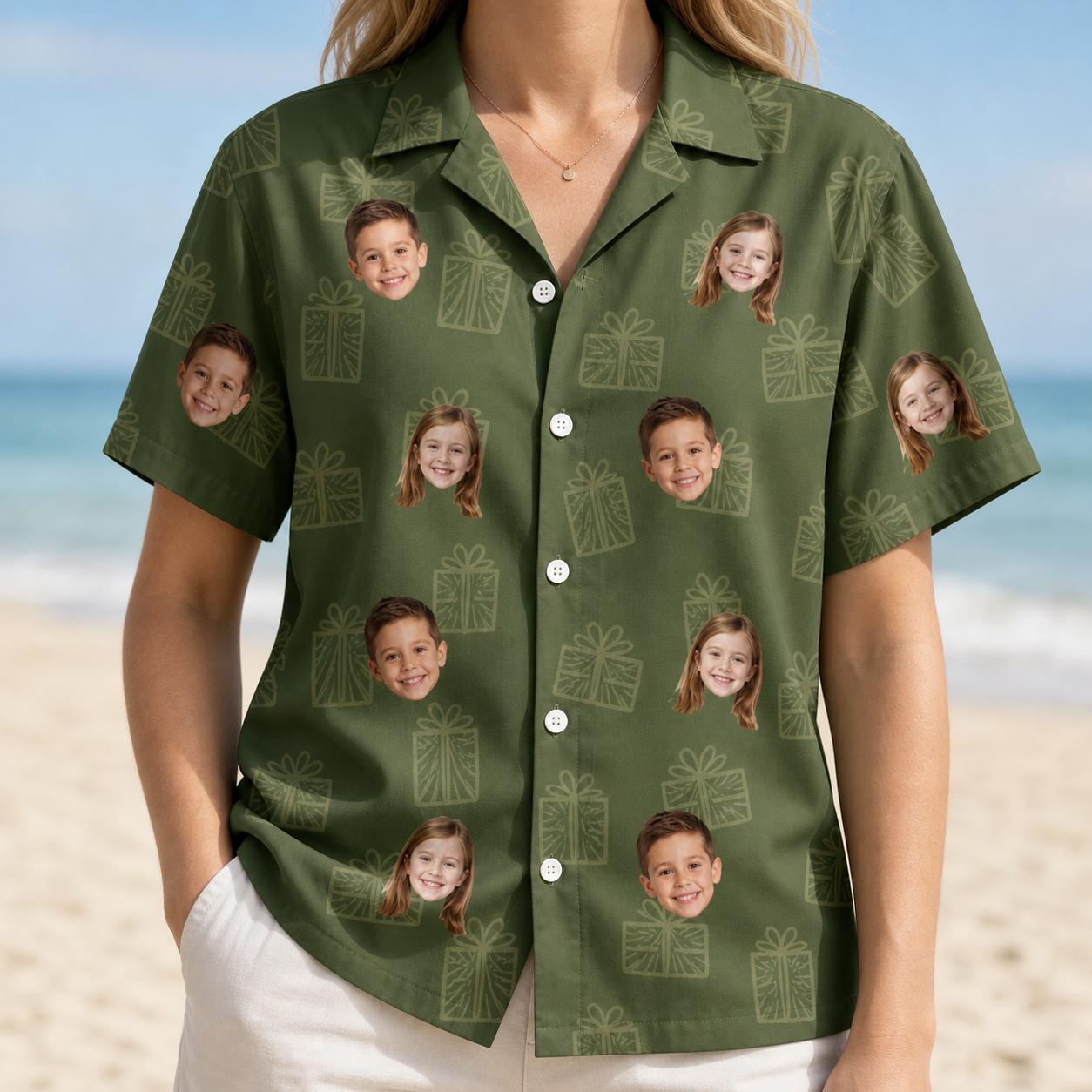Model wearing Women's Parcel Pizzazz Custom Face Hawaiian Shirt printed with kids' faces