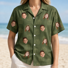 Model wearing Women's Parcel Pizzazz Custom Face Hawaiian Shirt printed with kids' faces