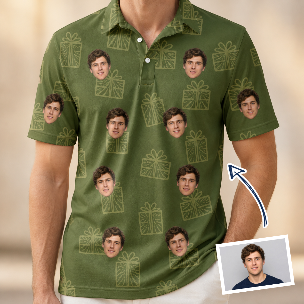 Man wearing Men's Parcel Pizzazz Custom Face Polo Shirt — custom faces printed all-over