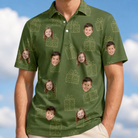 Model wearing Men's Parcel Pizzazz Custom Face Polo Shirt printed with kids' faces