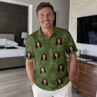 Real-life photo of someone wearing Men's Parcel Pizzazz Custom Face Polo Shirt — custom faces printed all-over