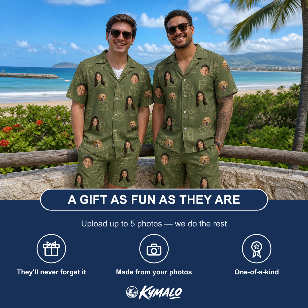 Friends in matching Men's Parcel Pizzazz Custom Face Shirt & Shorts Set — a group gift photo