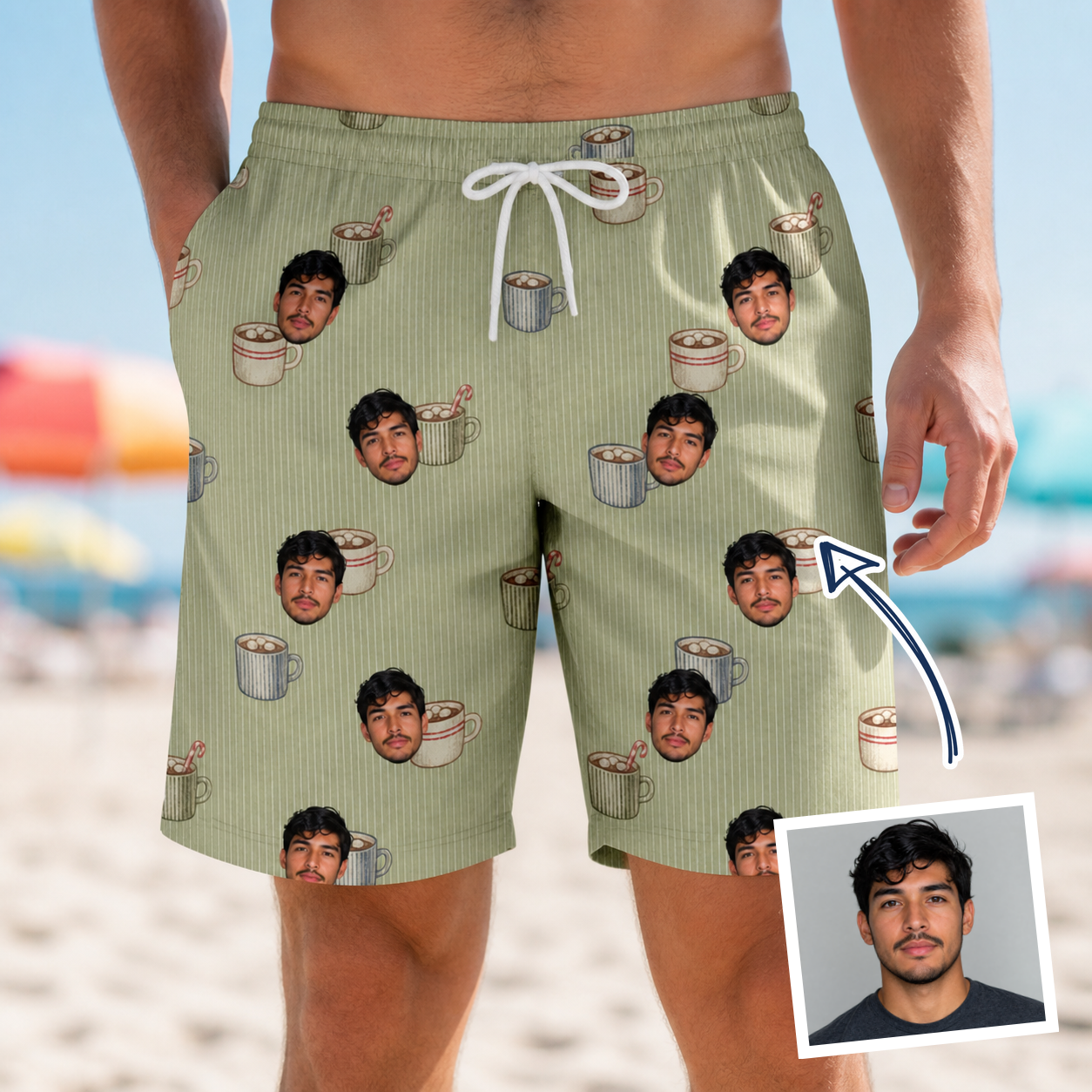 Man wearing Men's Marshmallow Mugs Custom Face Beach Shorts — custom faces printed all-over