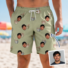 Man wearing Men's Marshmallow Mugs Custom Face Beach Shorts — custom faces printed all-over