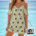 Woman wearing Women's Marshmallow Mugs Custom Face Off-Shoulder Dress — custom faces printed all-over
