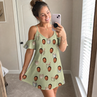 Real-life photo of someone wearing Women's Marshmallow Mugs Custom Face Off-Shoulder Dress — custom faces printed all-over