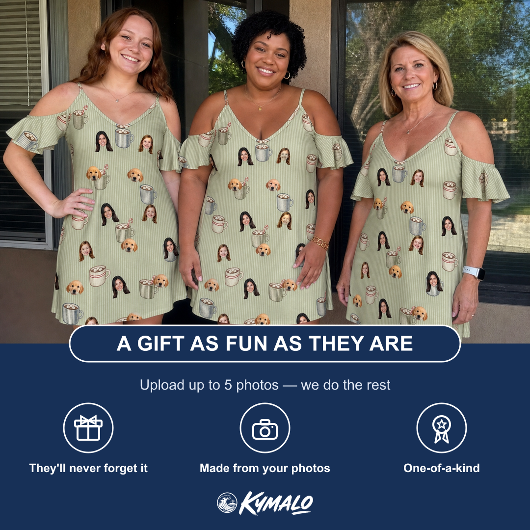 Friends in matching Women's Marshmallow Mugs Custom Face Off-Shoulder Dress — a group gift photo