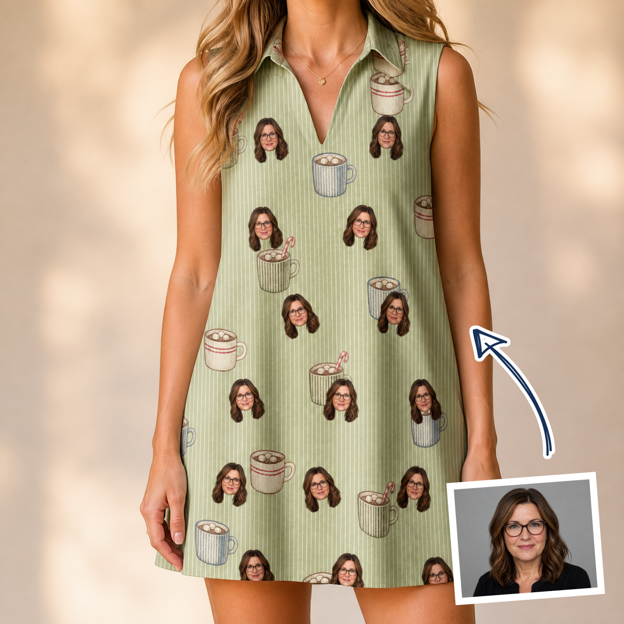 Woman wearing Women's Marshmallow Mugs Custom Face V-Neck Dress — custom faces printed all-over