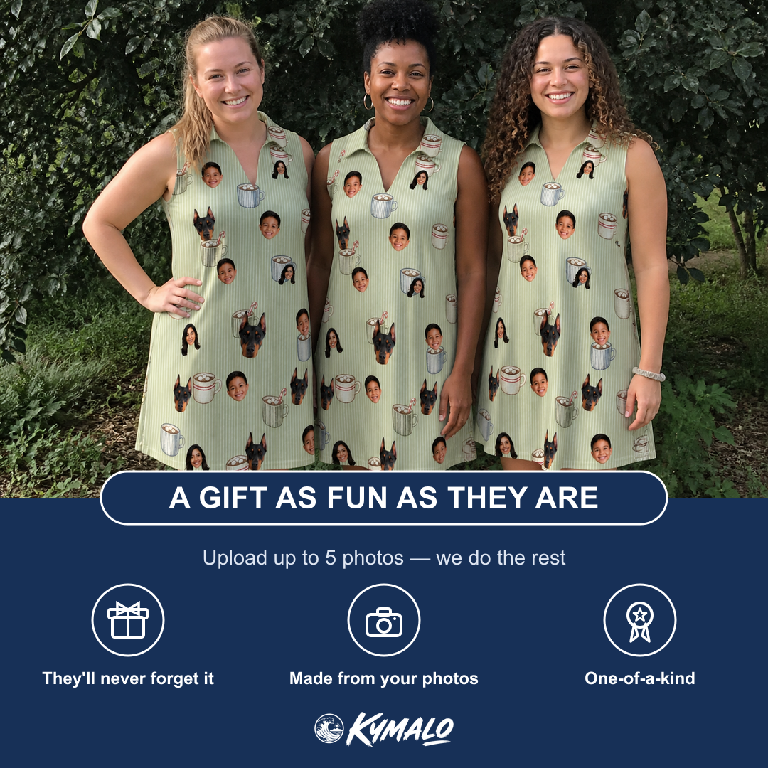Friends in matching Women's Marshmallow Mugs Custom Face V-Neck Dress — a group gift photo