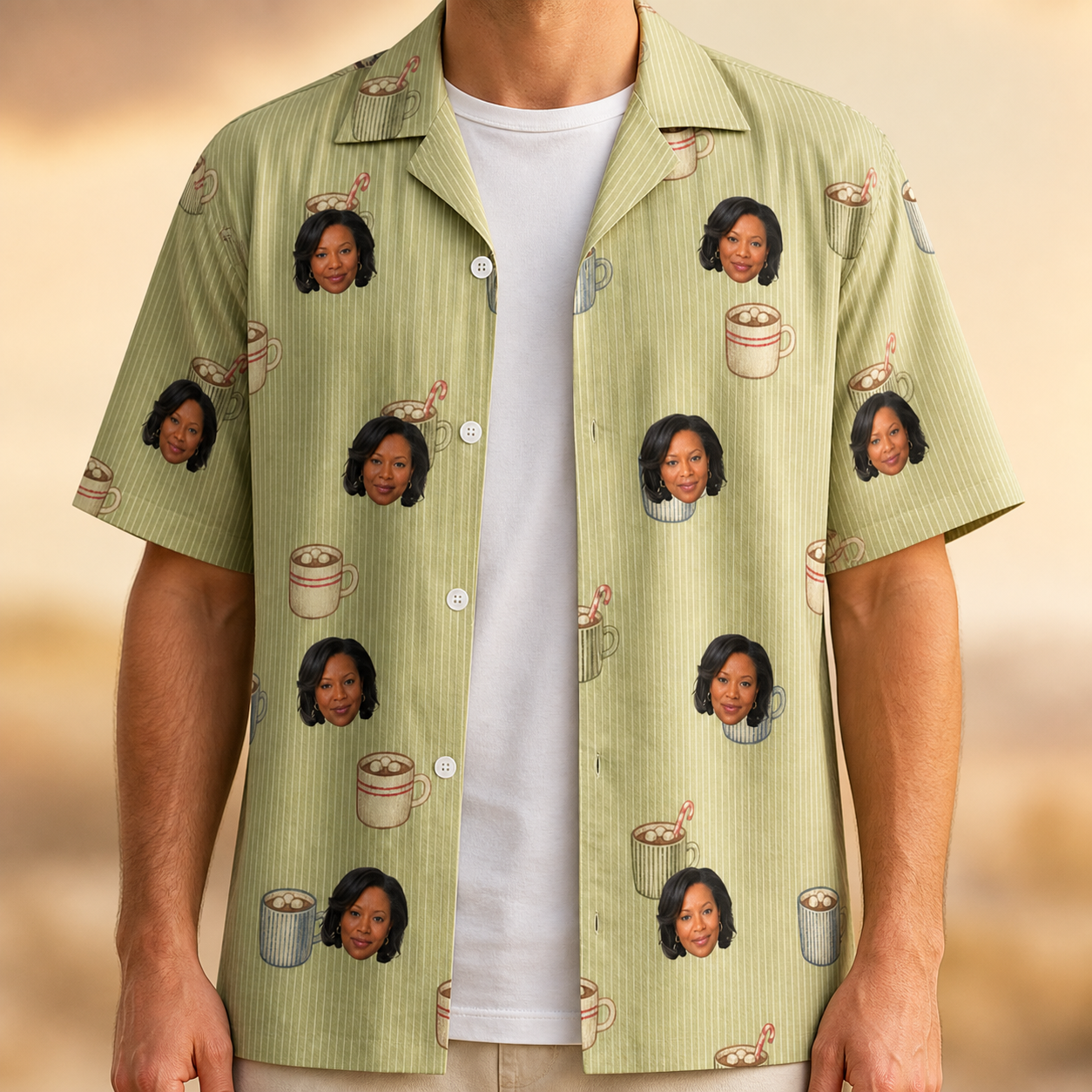 Man wearing Men's Marshmallow Mugs Custom Face Hawaiian Shirt open over a white tee